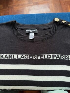 Karl Lagerfeld Black and Cream Striped Crewneck Sweater with Gold Buttons
